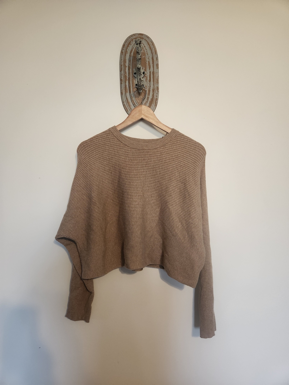 Cropped Ribbed Crewneck Sweater in Camel